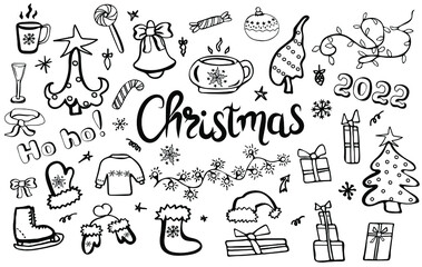 Set of Christmas design elements in doodle style. Hand drawn winter holiday collection with lettering and decorative elements for greeting cards, stationery, gift tags, scrapbooking, invitations.