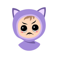 Avatar of child with angry emotions, grumpy face, furious eyes in cat hat. Cute kid with furious expression in autumnal or winter headdress. Head of adorable baby 