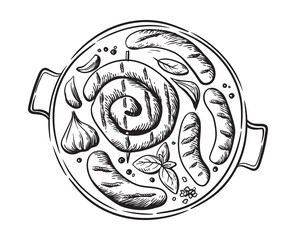 grilled sausages with barbecue pan sketch, hand drawn