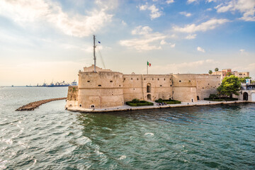 View at the Aragon Catle at coast of Ionian Sea in Taranto, Italy