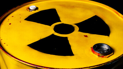 Yellow metal barrel with radioactive decay symbol on top. Container with nuclear trefoil warning...