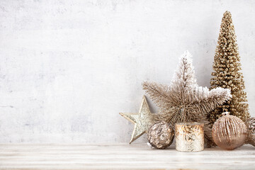 Christmas gold stars. Christmas decoration. Background on the gray color.