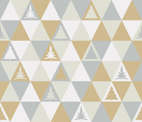 Christmas tree pattern and marijuana leaves are in a triangle shape. Seamless abstract background white gray gold. Texture design for fabric, tile, cover, poster, wall. Vector illustration.