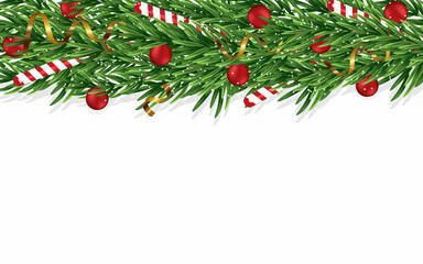 Fototapeta na wymiar Christmas horizontal background with realistic spruce garland isolated on white background. Christmas fir garland with lollipops, red balls, streamer. Vector illustration