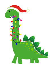 Christmas Dino - Cute brontosaurus to tangled in christmas lights, funny hand drawn doodle, cartoon dino in Santa hat. Vector hand drawn illustration. Merry Christmas © Zsuzsanna