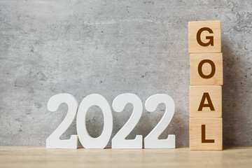 2022 New Year text with GOAL block. Resolution, strategy, plan, motivation, reboot, business and holiday concepts