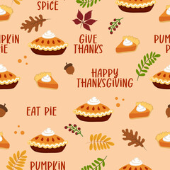 Thanksgiving dinner pattern - hand drawn cartoon pumpkin pie and leaves pattern. Vector illustrations of a festive table with a pie, pumpkin, turkey and objects for a card, background.