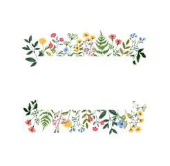 Colorful wildflower border with hand painted summer meadow flowers, leaves, isolated on white background. Rectangle botanical floral frame. Watercolor illustration. Invitation template. - obrazy, fototapety, plakaty