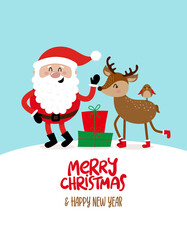 Fototapeta na wymiar Merry Christmas and Happy New Year - Singing Santa with a Deer. Hand drawn lettering for Xmas greetings cards, invitations. Good for t-shirt, mug, scrap booking, gift, printing press. Holiday quotes.