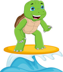 cute turtle surfing cartoon on white background