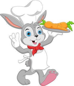 cartoon chef rabbit carrying carrots
