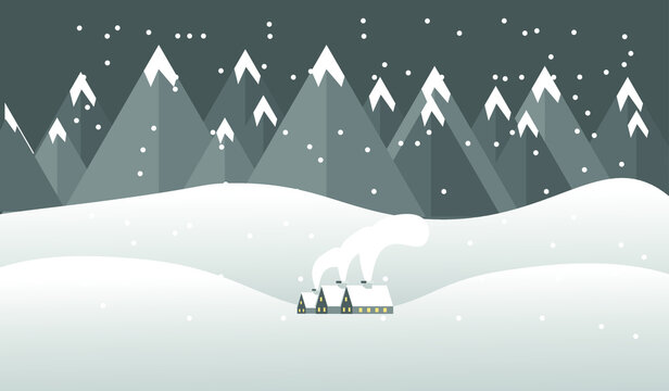 vector winter landscape. flat image of snowfall. small houses near the snowy hills