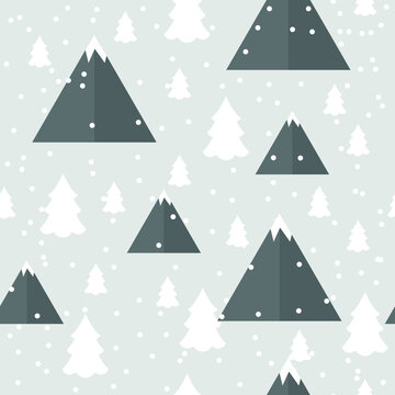 vector winter pattern. flat pattern image with snow-capped mountains and christmas trees © Marina
