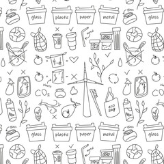 ecology concept. hand drawn outline seamless pattern with doodle ecology elements. eco bag, no plastic, plastic bag, eco brush, metal straw, recycle, trash bin, plastic coffee cup