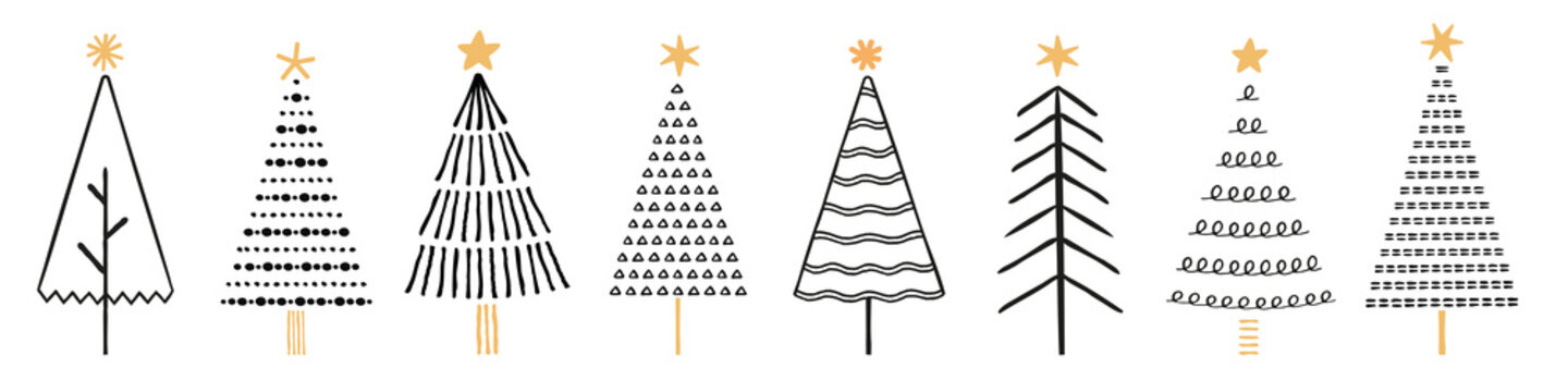 Hand drawn Christmas tree silhouettes. Black christmas trees on isolated white background with gold stars