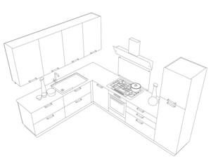 Contour of the kitchen from black lines isolated on a white background. Perspective view. Vector illustration
