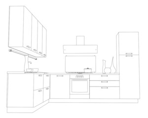 Contour of the kitchen from black lines isolated on a white background. Perspective view. Vector illustration