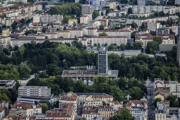 Picturesque Grenoble city panorama from La Bastille Hill. Grenoble, Auvergne-Rhone-Alpes region, France.