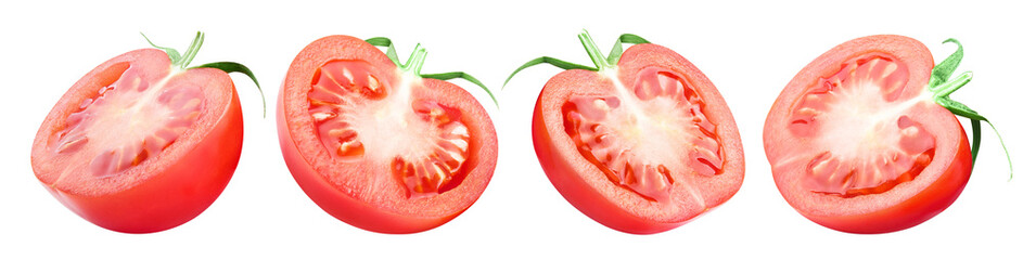Collection of tomato halves, isolated on white background