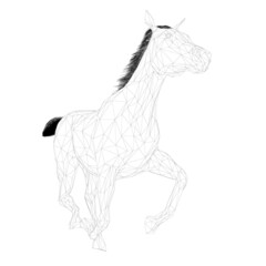 Wireframe of a galloping horse from black lines isolated on white background. Perspective view. 3D. Vector illustration