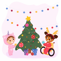 Multiethnic children decorate the Christmas tree