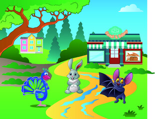 Cute forest animals and forest plants design elements. Animals and birds are playing in the forest.