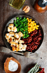 ingredients for chilli corn carne: bean, corn, other vegetables