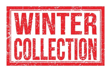 WINTER COLLECTION, words on red rectangle stamp sign