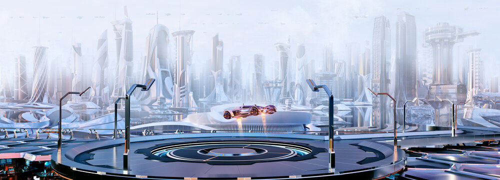 Future city skyline panorama 3D scene. Futuristic cityscape creative concept illustration: skyscrapers, towers, tall buildings, flying vehicles. Panoramic urban view of metropolis town, sky background
