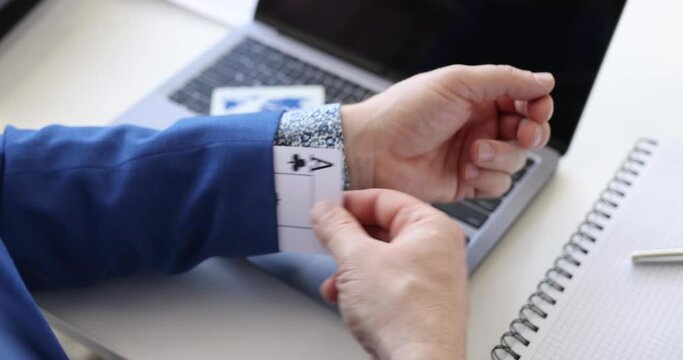 Man sitting at laptop and taking out ace playing card from his jacket sleeve 4k movie