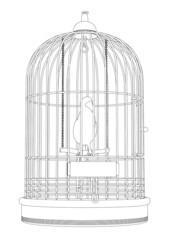 Fototapeta premium Contour of a parrot in a cage of black lines isolated on a white background. Front view. Vector illustration