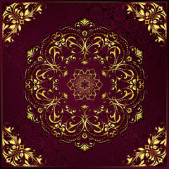 Vintage background mandala business card invitation with golden lace ornaments and art deco floral decorative elements