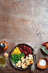 ingredients for chilli corn carne: bean, corn, other vegetables