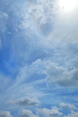 Beautiful sun halo with blue sky and white cloud in summer time, soft focus. Nature background concept.
