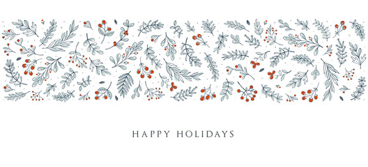 Blue and white horizontal Christmas, Holiday border with floral motives and greetings. Universal modern line art florals. Merry xmas header or banner. Wallpaper or backdrop decor.