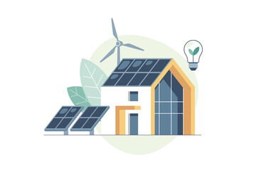Concept of green energy an eco friendly modern house. Solar, wind power. Vector concept illustration.