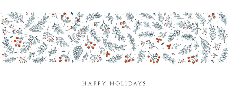 Blue and white horizontal Christmas, Holiday border with floral motives and greetings. Universal modern line art florals. Merry xmas header or banner. Wallpaper or backdrop decor.