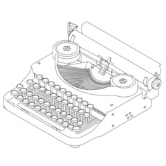 Outline of a vintage typewriter from black lines isolated on white background. Isometric view. Vector illustration