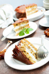 Fresh and homemade baked pie with banana and chocolate.