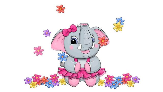 Сute Elephant Girl Sprays Flowers From Her Trunk. Fun Cartoon Looped Animation Transparent Background.