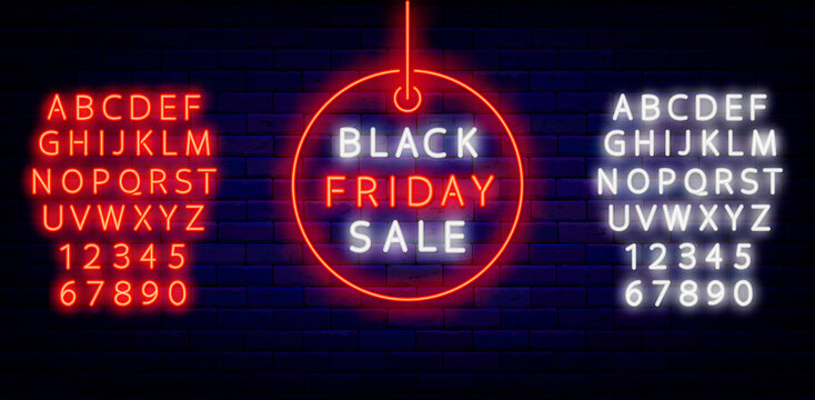 Black friday sale neon text in circle label. White and red alphabets. Outer glowing effect. Isolated vector illustration