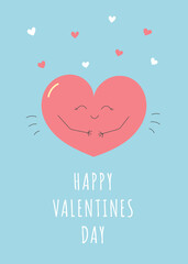 Valentine's Day greeting card. Cute smiling heart with small white and pink hearts on blue background