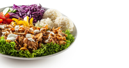 Chicken kebab with fresh vegetable, fries and rice isolated on white background