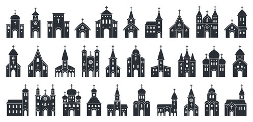 Big set of Church black icon. Vector illustration religion architecture building silhouette on white background. Isolated black collection icon church. Urban elements  - obrazy, fototapety, plakaty