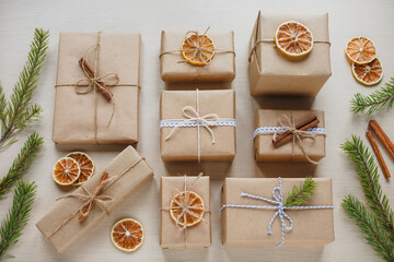 presents collection laid on a wooden table background with package accessories. New year preparation