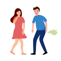Obraz premium Man embarrassed when farting and smelly. Woman cover her nose from disgusting smell in flat design on white background.