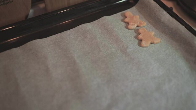 Woman preparing gingerbread. Close-up of a hand plasing a Christmas sugar cookie on baking sheet 