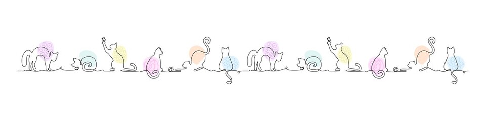 Vector silhouette drawing of cats on one continuous line with decorative colored elements, сan be repeted. Design for pet shop, veterinary clinic or kindergarten. Can be used as frame or border.