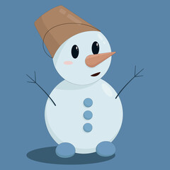 cute little snowman with a bucket on his head and buttons on a blue background