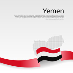 Yemen flag, mosaic map on white background. Wavy ribbon with the yemeni flag. Vector banner design, yemen national poster. Cover for business booklet. State patriotic, flyer, brochure